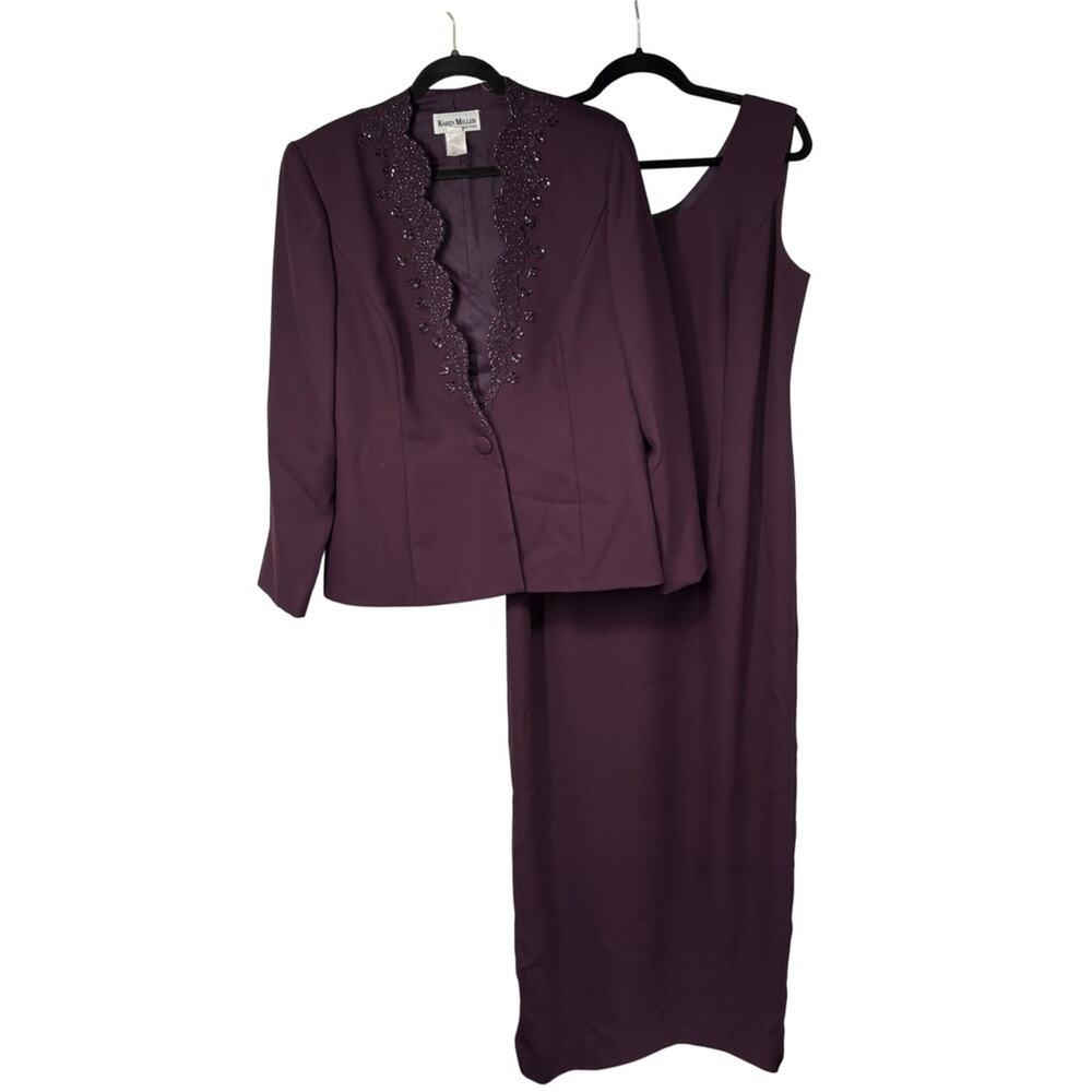 Karen Miller New York Purple Dress Suit Set Beaded Jacket Womens